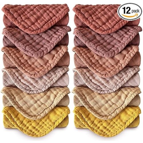 MOON PARK Baby Washcloths, 12 Pack - 12x12 Inches, Small Burp Cloths and Baby Wipes - 100% Cotton Muslin Ultra Soft for Newborn, Infant and Toddlers - Brown, Honey and Bean Paste Series