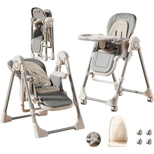 Magic ZC PU Leather High Chair with Swinging Function, Removable Double Tray Baby Seat Feeding Chairs, Baby High Chair for Babies and Toddlers (X8121 Grey)