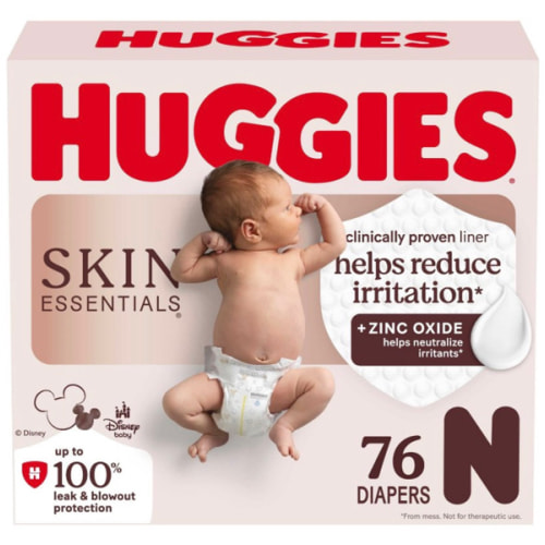 Huggies Size Newborn Diapers, Skin Essentials Baby Diapers, Size Newborn (6-9 lbs), 76 Count, Packaging May Vary