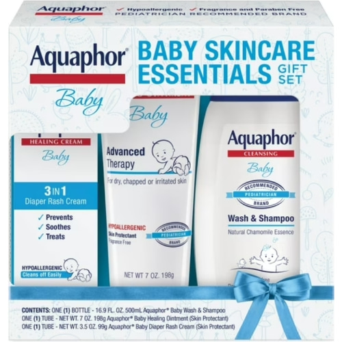 Aquaphor Baby Set de Regalo de Esenciales para el Cuidado de la Piel con Gel de Baño para Bebé, Unguento y Crema para la Dermatitis Del Pañal, 3 Piezas