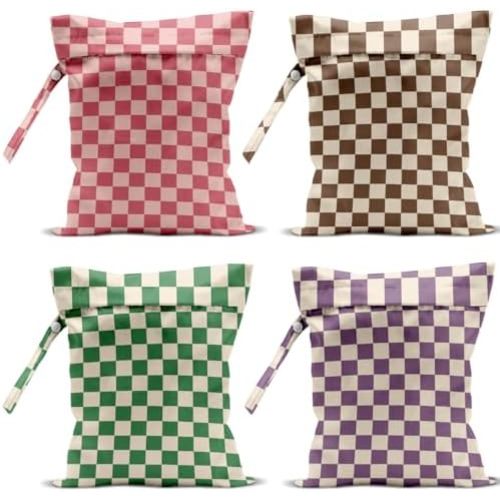 4 Pack Cute Wet Bag Waterproof Washable Reusable Wet Dry Bag for Swimsuit Dirty Clothes Cloth Diaper Beach Pool Yoga Gym Party Camping Toiletries Travel Beach Essentials Colorful Checkered