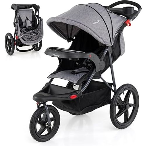 BABY JOY Jogging Stroller, Foldable Jogger Stroller with Adjustable Canopy & Backrest, Air-Filled Tires, Child & Parent Tray, Cup Holders, Storage Basket, Running Stroller for Babies Toddlers (Gray)