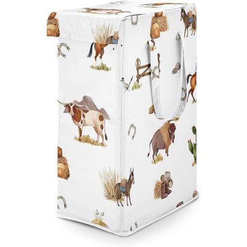 Sweet Jojo Designs Laundry Hamper (Western Cowboy) for Boys, Foldable Dirty Clothes Basket with Handles for Baby Nursery, Kids Bedroom, Teen Bathroom (Wild West, Southern Charm, Country, South, Horse)