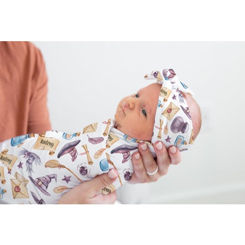 Personalized Wizard School Baby Swaddle Set | Minky Blanket, Hat & Headband
