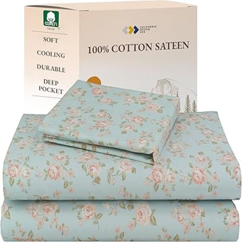 California Design Den Rose Sheet Set Twin, 100% Cotton Deep Pocket Twin Sheets & Pillowcase Set, Soft Sateen Weave - Vintage Rose