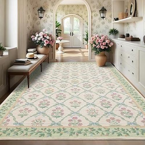 8x10 Rugs for Living Room, Washable Area Rug for Bedroom Girl with Coquette Bow Floral Pattern Non Slip Low-Pile Stain Resistant Large Throw Carpet for Dining Room Dorm Nursery, Light Green
