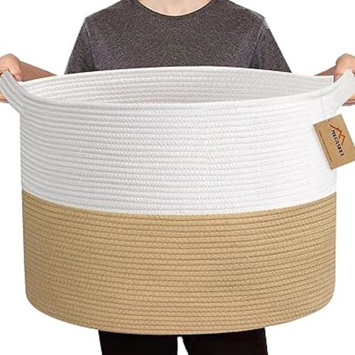 MEGASKET Extra Large Storage Basket, 22” x 22” x 14” Cotton Rope Bins for Storage, Wicker Baby Laundry Basket, Kids, Woven Kids Toy Bin Box, Decorative Baskets for Organizing Clothes, Towels, Blankets