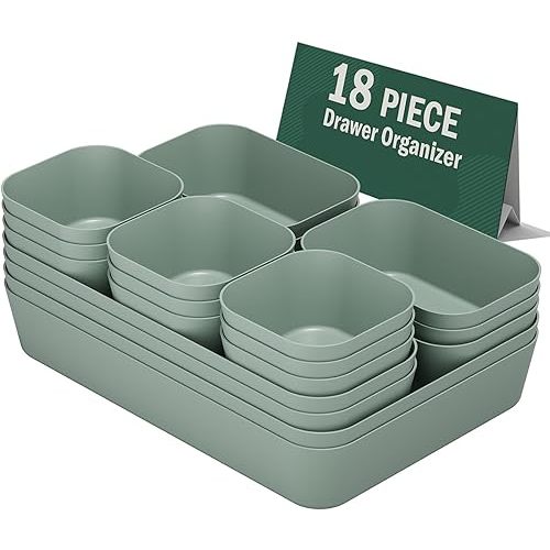 Plastic Drawer Organizers, 18 PCS Drawer Organizer Bins, Bathroom and Vanity Organizer Plastic Tray, Makeup organizer and storage for Makeup, Bedroom, Kitchen Gadgets Utensils and Office (Green)