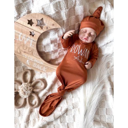 Made in USA | Personalized Embroidered Name Baby Gown | Custom Knotted Newborn Outfit | Baby Shower Gift Keepsake | Coming Home Outfit