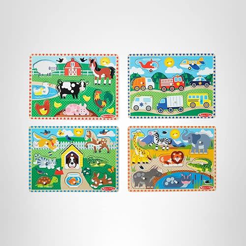 Melissa & Doug Wooden Peg Puzzle Set – 4-Pack Vehicle, Farm, Safari & Pet Animal Themes – Educational Puzzles for Toddlers and Preschoolers Ages 2+