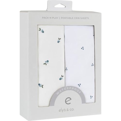 Ely's & Co. Patent Pending Waterproof Pack and Play Sheets, 100% Cotton with Waterproof Lining – 2 Pack Fitted Mini Crib Sheet Set, Berry and Cluster Dot (Blue) 38” x 24”