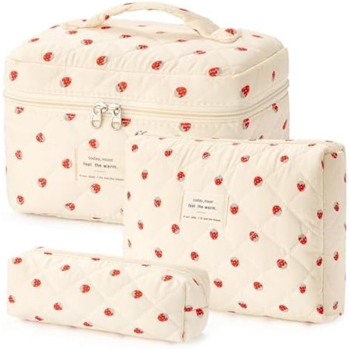 HBselect Quilted Makeup Bag, 3PCS Cotton Large Travel Makeup Bag, Cute Floral Coquette Make up Bag Cosmetic Bag Toiletry Bag for Women Girls