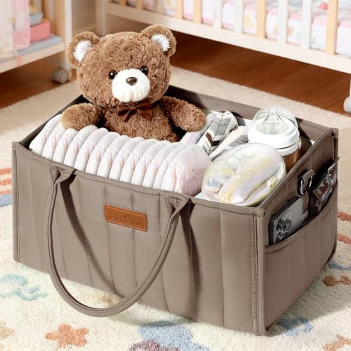 Zooawa Baby Diaper Caddy Organizer, Portable Nursery Storage Basket with Compartments, Handle & Shoulder Strap for Newborn Baby Essentials, Gift for Baby Shower, Nursery, Travel, Car, Mocha Brown