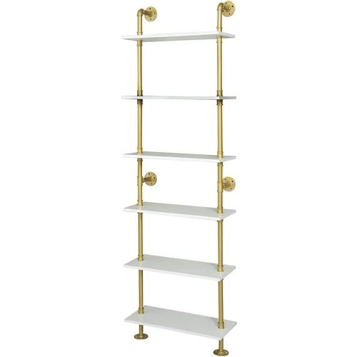 Industrial Gold Bookshelf-6 Tier Wall Mounted Ladder Bookshelf, Rustic Gold Storage Book Shelves Display Bookcases for Living Room/Home/Office