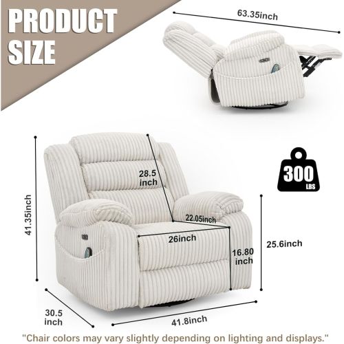 Extra-wide 270° Rotating Heated Massage Electric Recliner with USB/Type-C Charging Port