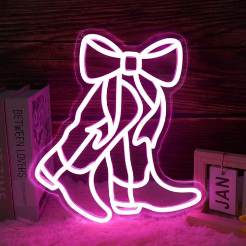 Cowboy Boot Neon Sign Bow Neon Sign LED Pink Cowgirl Boots Light Signs Wall Decor Aesthetic Western Wall Art Suitable for Game Room Country Parties Bow Decor Bedroom Bar Birthday Gift(12.8 * 11.7in)