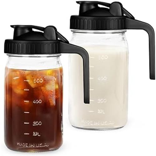 32oz Mason Jar with Lid - 2Pack No Leak Airtight Mason Jar with Pour Spout Lid Perfect for Fridge, Wide Mouth Easy to Clean, Ideal for Coffee, Breastmilk, Iced & Sun Tea, Juices