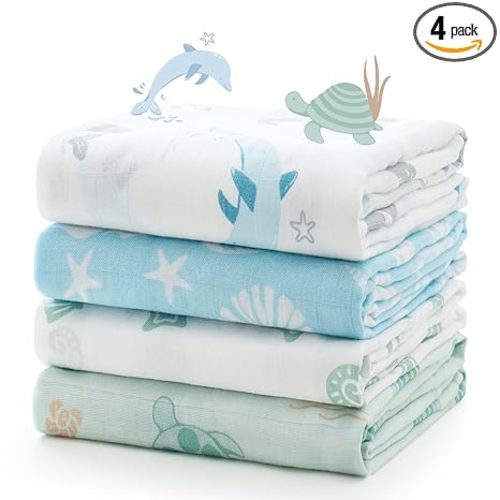 Momcozy Muslin Swaddle Blankets, 4-Pack Breathable and Skin-Friendly Receiving Blankets, Best Wishes Swaddle Blanket Shower Gifts & Baby Registry Essentials, Large 47"x47", Ocean Pixie Dream