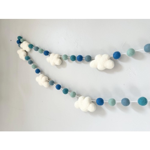 Cloud Garland - Blue Sky Themed Felt Ball Mantel Banner - Spring or Summer Bunting Party Decor - Solid Wool Felted Pom Clouds