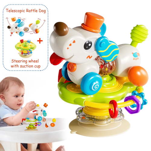 Sytle-Carry Baby Toy, 2-in-1 Suction Cup High Chair Toy, Rattle and Teething Toys for Baby Infant 6 12 Months, Puppy