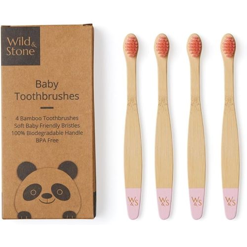 Wild & Stone Organic Baby Bamboo Toothbrushes | 4 Pack | Soft Bristles | 100% Compostable Handle | BPA Free | Vegan Baby Toothbrushes (Multicolour)