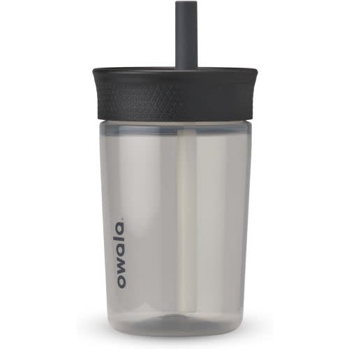 Owala Kids BPA-Free Plastic Tumbler with Spill Resistant Flexible Straw, Easy to Clean, Kids Water Bottle, Great for Travel, Dishwasher Safe, 15 Oz, Black and Gray (Skate Park)