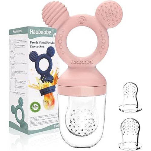 Baby Fruit Feeder, Frozen Teething Toys, Teether Pacifier with 3 Extra Teats, Infant Eating Essentials, BPA Free Baby Feeding Supplies (Pink)