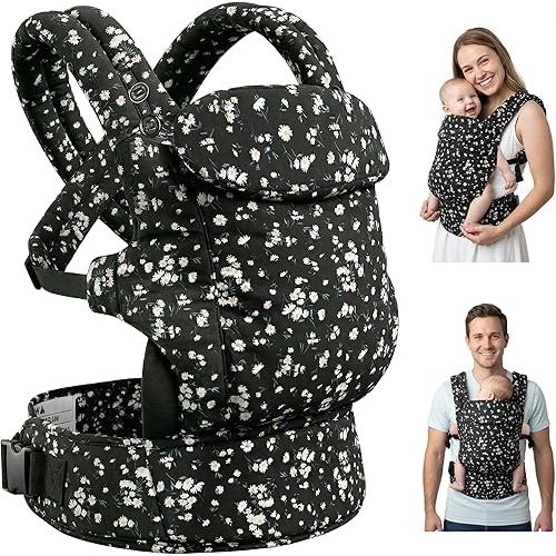 FRUITEAM Baby Carrier, Toddler Carrier with Adjustable Seat Size, Comfortable & Ergonomic Baby Carrier Newborn (7-25 LBS), Easy to Wear, Travel and Hiking Friendly (Black Floral)