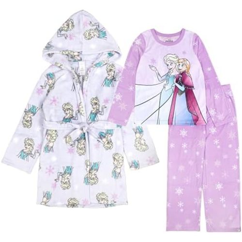 Disney Girls' 3-piece Bathrobe & Loose-fit Pajama Set, Soft & Cute for Kids