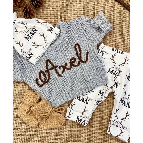 Personalized Newborn Baby Boy Outfit: Embroidered Name Sweater, Woodland Little Man Set, Knit Booties