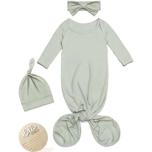Newborn Knotted Gown Baby Girl Boy Sleepers, Coming Home Outfit 0-3 Month with Hello World Sign
