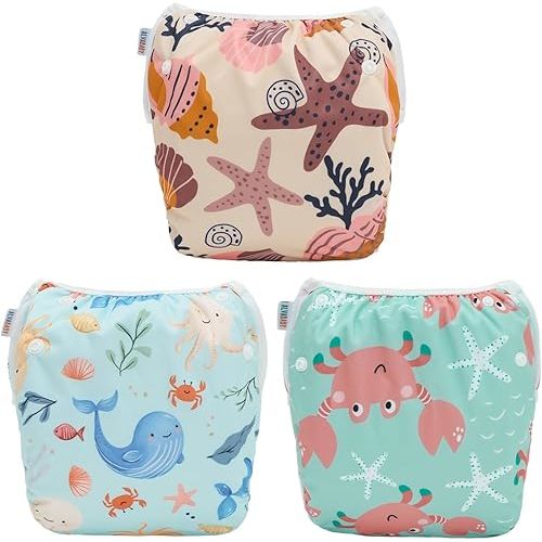 ALVABABY Baby Swim Diaper Reusable Washable Adjustable for Infants Toddlers 3 Pack Large Size Swim Diapers Swimming Lessons 3T