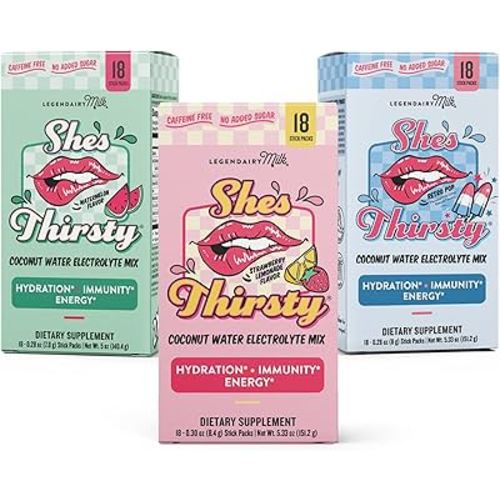 Legendairy Milk She’s Thirsty – Hydration Packets, Cortisol Supplement for Stress Relief & Adrenal Support, Strawberry Lemonade, Watermelon and Retro Pop - 54 Packets