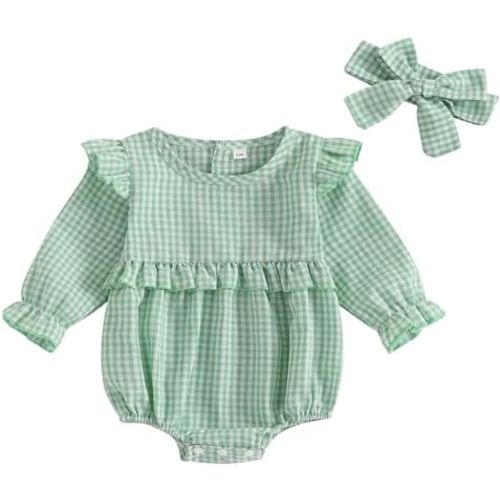 Karuedoo Newborn Baby Girl Clothes Gingham Plaid Bubble Romper Long Sleeve Ruffle Bodysuit with Headband Spring Fall Outfit