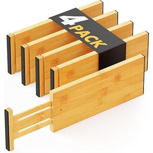 SpaceAid Bamboo 4 Pack Dresser Drawer Dividers, 4.65“ High Adjustable 12.5“-17” Drawer Organizers, Expandable Organization for Clothing, Clothes, Dressers, Natural