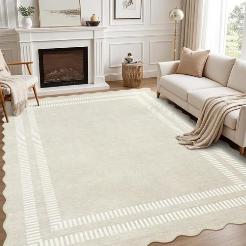 Washable 8x10 Area Rugs for Living Room, Solid Ivory Ultra-Thin Bedroom Rug Non-Slip Dining Room Rugs, Soft Scalloped Carpet for Nursery Kids Room Office
