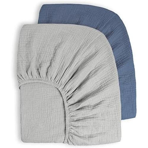 Muslin Crib Sheets 100% Cotton Baby Crib Sheets Fitted for Standard Crib Mattress & Toddler Bed Mattress 52"x28" Soft Breathable Crib Sheets Neutral for Boys Girls - 2 Pack (Blue Elephant)