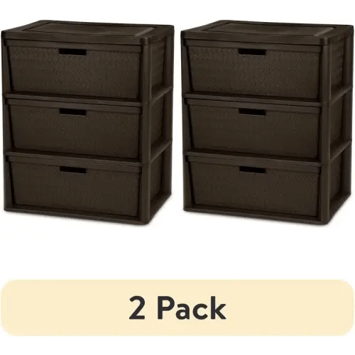 (2 pack) Sterilite Wide 3 Drawer Tower, Plastic Storage Organizer with Removable Decorative Bins, Easy to Assemble - No Tools Needed, Brown, Size: 15