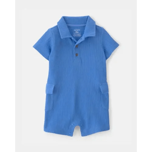 Baby Boy Waffle-Knit Polo Romper - Blue | Carter's
