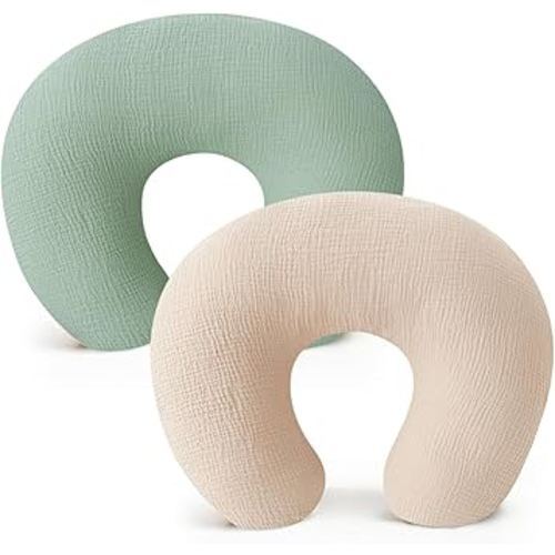 Konssy 2-Pack Muslin Nursing Pillow Covers, Soft & Adorable Nursing Covers for Breastfeeding Pillows, Slipcovers for Newborn Boys & Girls(Cream, Green)