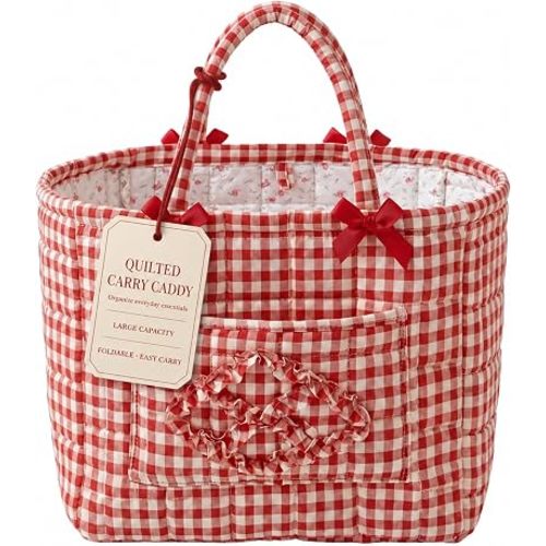 Quilted Car Storage Basket Tote Bag and Diaper Caddy for Moms (Cherry Gingham)