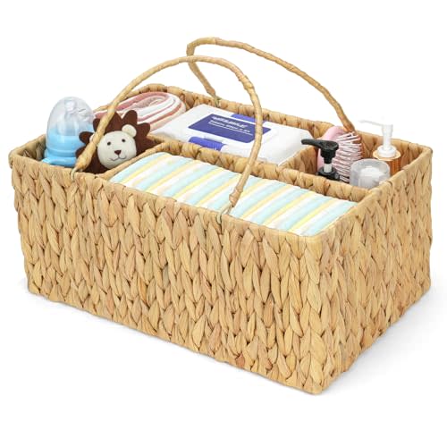 Large Baby Diaper Caddy Organizer, Handwoven Water Hyacinth Storage Basket, Portable Wicker Car Diaper Storage Bin for Nursery and Travel
