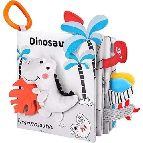 Dinosaur Fabric Book- Crinkle Sound, Touch & Feel, Press Squeaker with Soft Tail Plus Teether Feature - Baby Books Toys for Newborn Infants 0-12 Months (Teether Safe, Machine Washable)
