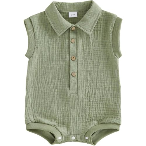 Honganda Newborn Baby Boy Cotton Linen Romper Short Sleeve Lapel Collar Button Down Jumpsuit Summer Solid One Piece Outfit