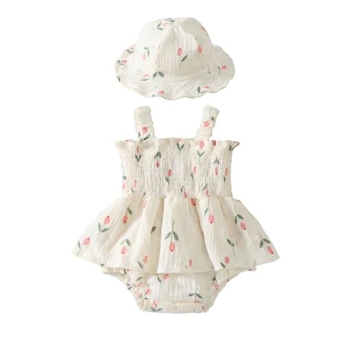 Baby Girl Smocked Romper Dress Summer Outfit Clothes | Baby Girl Floral Outfit with Hat,Snap Closure,Soft Breathable Cotton,Vintage,Photoshoot,Party,Baptism,Wedding,Birthday
