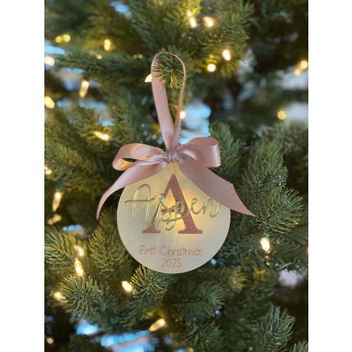 Personalized Baby's First Christmas Ornament | Rose Gold Acrylic, Engraved Initial