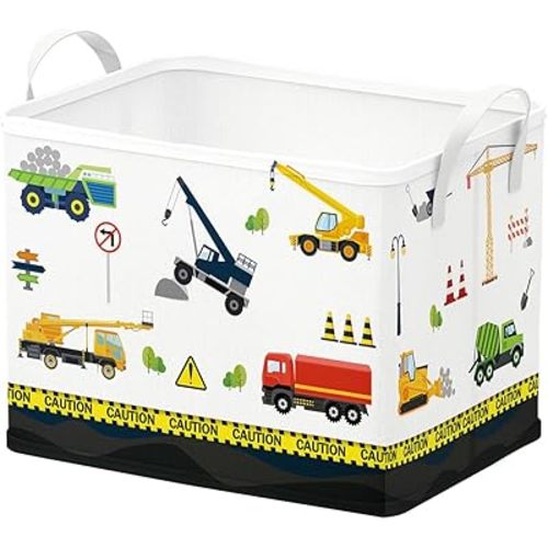 Runtoo Construction Cars Nursery Decor Baby Basket Truck Excavator Cars Baby Shower Decorations Boys Gift Basket Toddler Toy Box Laundry Hamper Closet Storage Bins