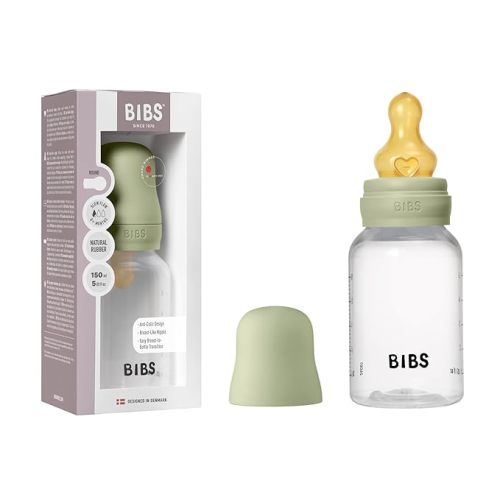 BIBS Plastic Baby Bottle, 150 ml, 1-Pack, Natural Rubber Latex Nipple, Sage | Anti-Colic | Slow Flow | BPA-Free Plastic | Breastfeeding Support | Made in Denmark