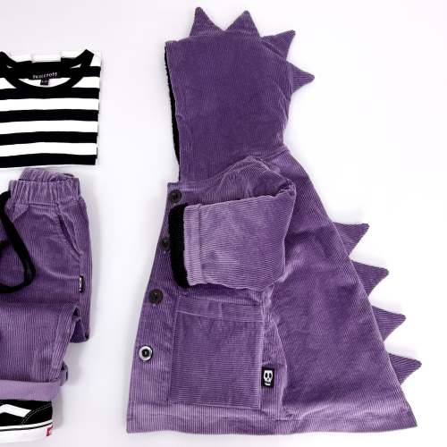 Kids Cord Coat with Dinosaur Dino Hood - Dusky Lilac – Skeletots