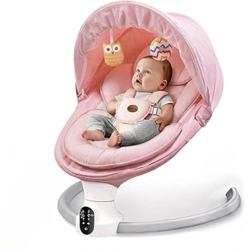Baby Swing for Infants - Electric Baby Rocker with Exclusive App Function, Upgraded 5 Point Harness, Bluetooth Support, 10 Preset Lullabies and 5 Speeds, Portable Swing for Baby Boy Girl（Pink）